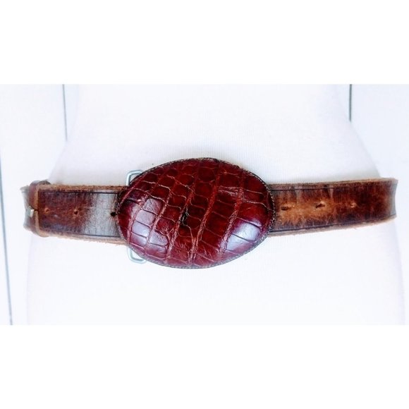 Vintage brown leather reptile embossed buckle belt/boho festival belt 47"-55" - Picture 4 of 5